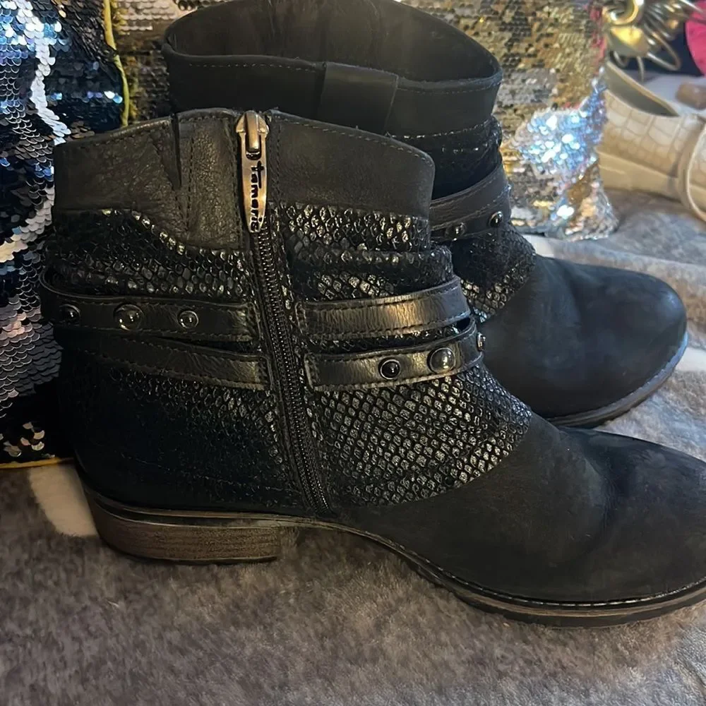 Sz 40/10 tamaris blAck parai leather moto booties:boot